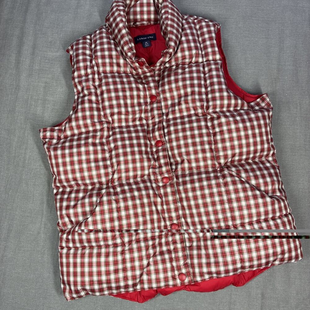 Lands End Tartan Women's M Plaid Quilted Puffer Vest Down Fill Red 10-12